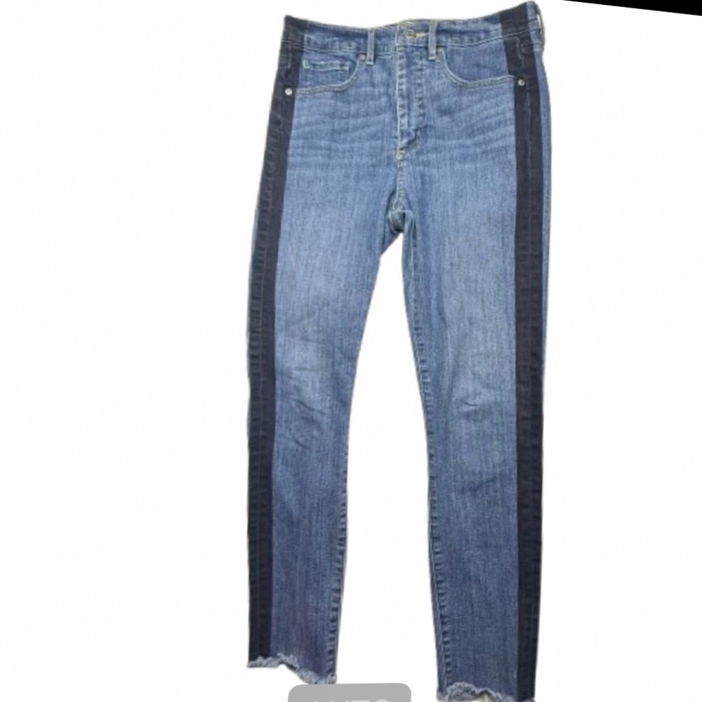 Loft High Waist Skinny Ankle Jeans Blue Dark Side Stripes Raw Hem EUC Size 6😍